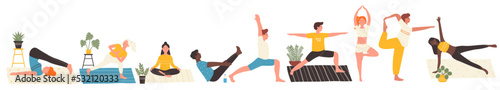 Yoga workout of young people set vector illustration. Cartoon woman and man stretch body on mats at home or gym, doing gymnastic healthy exercises indoor isolated white. Fitness, training concept