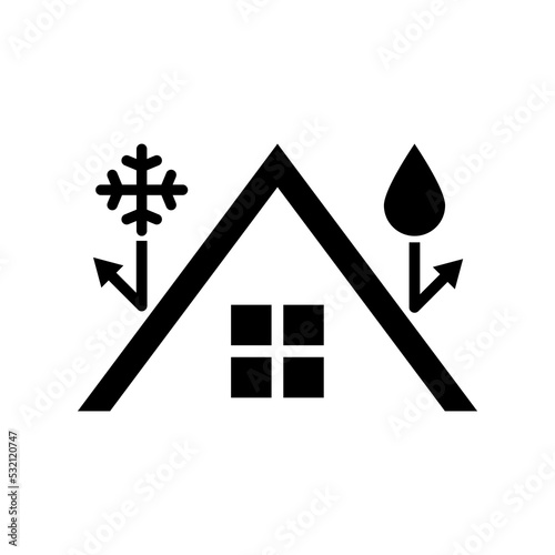 Rain and snow protection. Waterproof icon with house roof, water drop and snowflake. Vector illustration on white background.