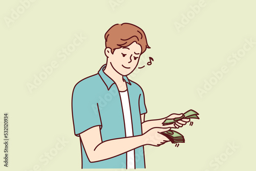 Happy young man counting money in hands. Smiling guy with dollar banknotes excited with promotion or income. Vector illustration. 