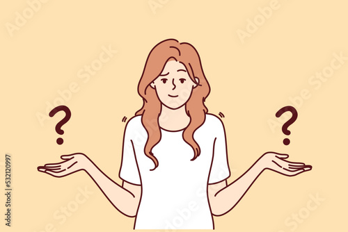 Confused woman feel frustrated making choice or decision. Distressed female have dilemma deciding or choosing. Vector illustration. 