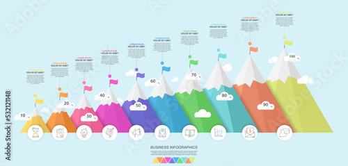 Vector timeline infographic template. Modern mountains graph with 10 steps, circles, achievement, mission business options. Geometric concept for web, project, chart, banner, presentations, report