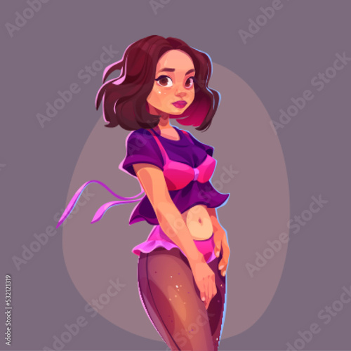 Pretty girl, fashion and beauty model. Vector cartoon illustration of beautiful young woman in glamour style clothes. Romantic stylish female person portrait
