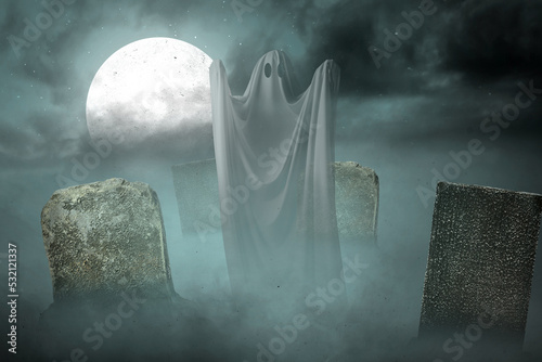 Fotografia White ghost haunting on the graveyard
