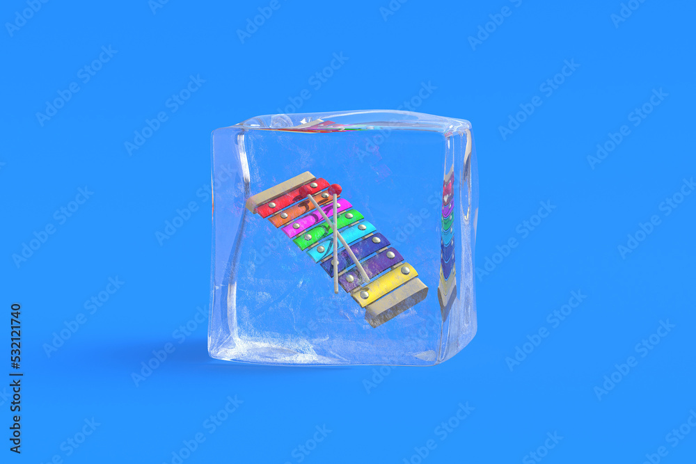 Xylophone in ice cube. 3d illustration Xylophone in ice cube. 3d illustration