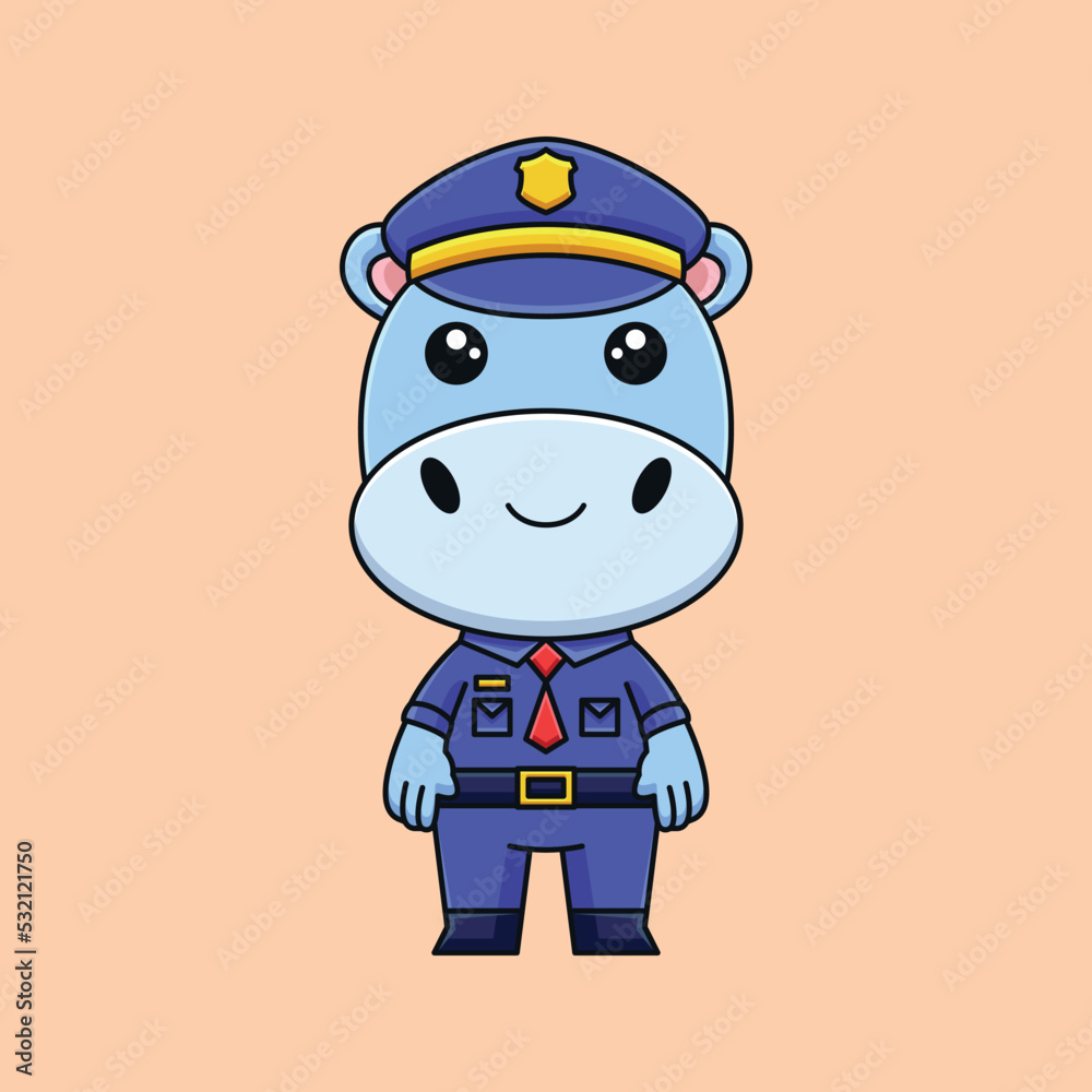 cute police hippo cartoon doodle art hand drawn concept vector kawaii icon illustration