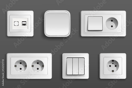 Electric sockets and switches on wall. Vector realistic set of 3d different types toggles and outlet for european and usa plugs, adapter connectors. White plastic house supplies