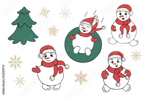 Vector set of snowmen, Christmas trees, snowflakes on a white background in doodle style