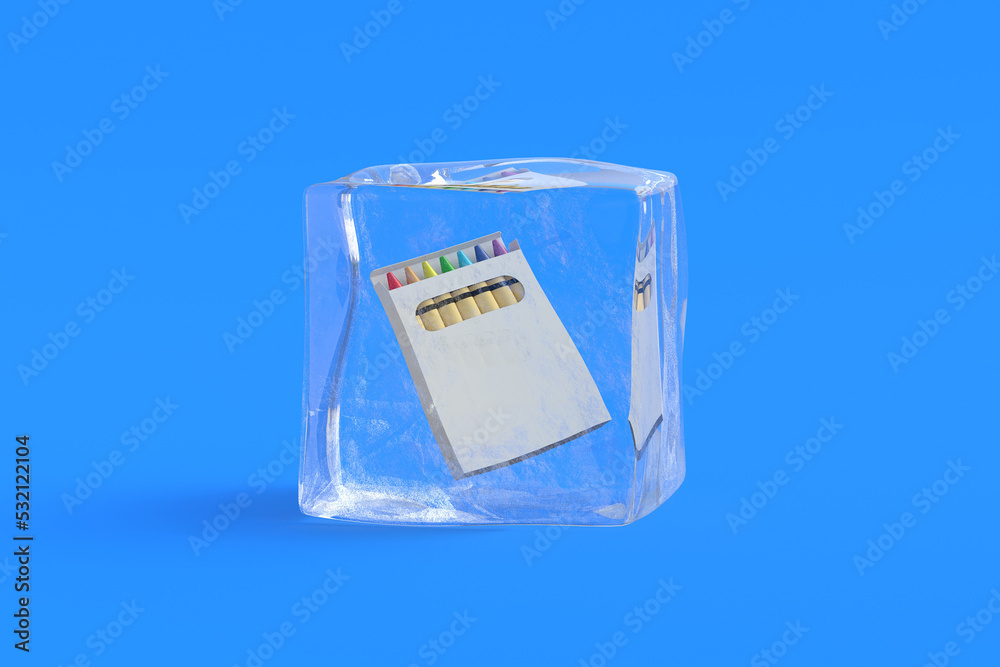 Wax crayons in ice cube. 3d illustration Wax crayons in ice cube. 3d illustration