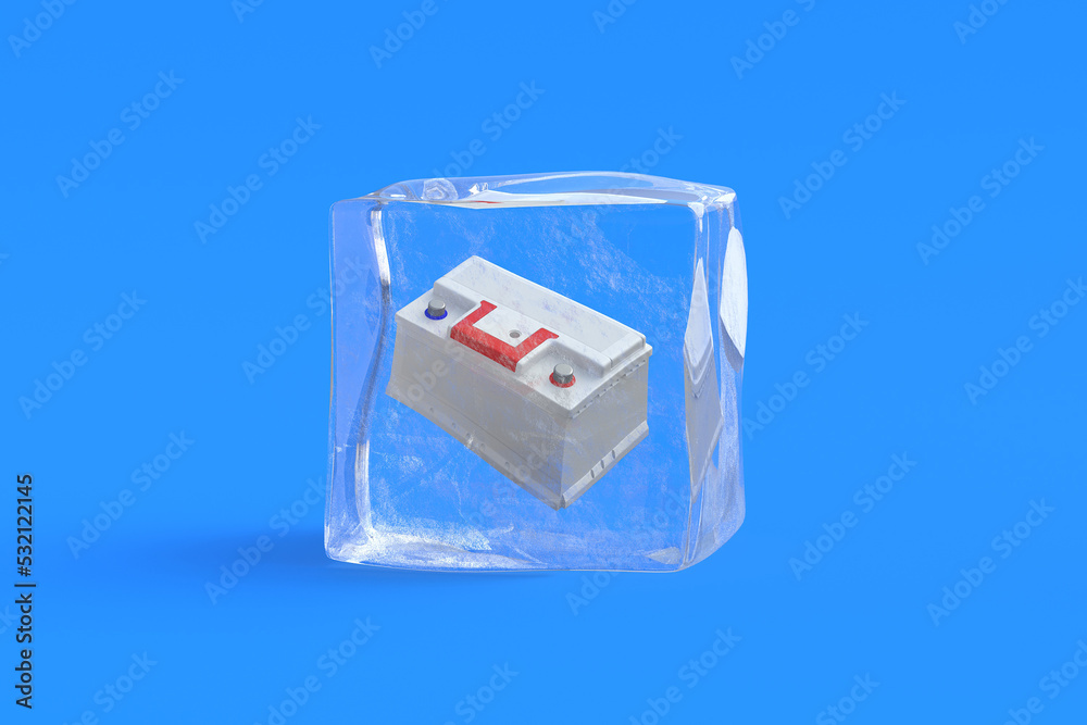 Electric accumulator in ice cube. 3d illustration Electric accumulator in ice cube. 3d illustration
