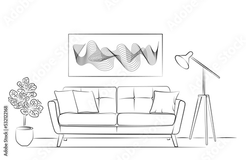 Interior design with modern living room in black sketch line on white background, vector, illustration