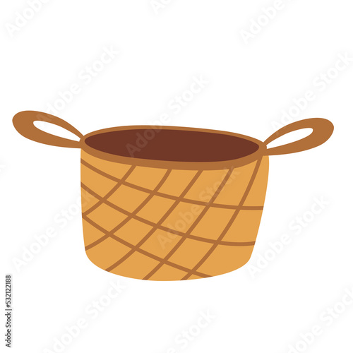 Wicker basket in boho style. Decor for home, interior, decorations and Christmas. Hand drawn illustration isolated on the white background