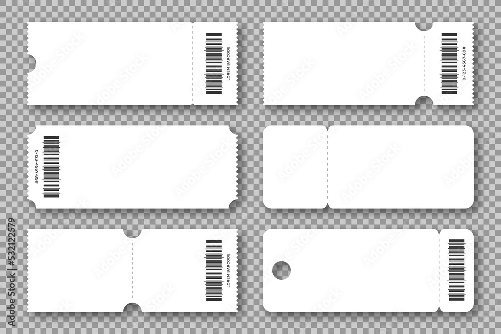 Set of blank tickets, coupons and vouchers with ruffle edges. Ticket and voucher mockups, white cardboard texture. Concert and cinema ticket, discount voucher and gift coupon template. Vector Set of blank tickets, coupons and vouchers with ruffle edges. Ticket and voucher mockups, white cardboard texture. Concert and cinema ticket, discount voucher and gift coupon template. Vector
