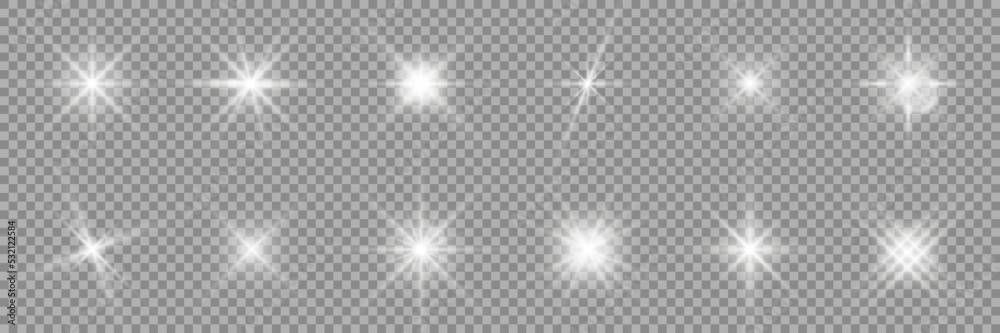 Glowing star light effect collection. Light effect of sparkling stars and bright flashes. White and silver sparkles and particles with glowing light. White flickers on transparent background. Vector - obrazy, fototapety, plakaty 
