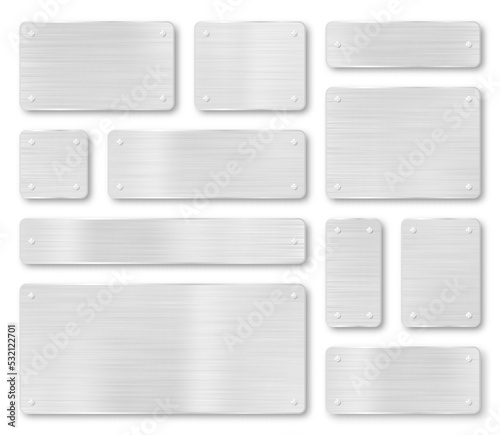 Set of metal plaques, banners and tags. Metal plate and plaque with realistic steel texture and scratches. Metal background with silver stainless texture. Vector