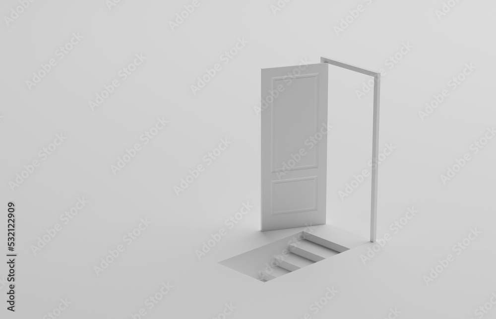 abstract or business concept white door open and secret stairs or basement on white background. 3d illustration abstract or business concept white door open and secret stairs or basement on white background. 3d illustration