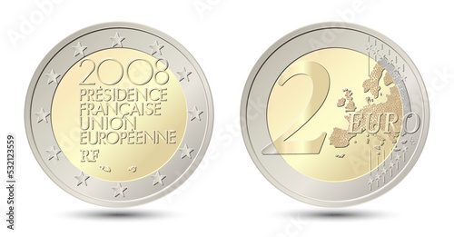 France. 2 Euro coin. French Presidency of the Council of the European Union. Reverse and obverse of France two euro coin. Vector illustration isolated on white background.
