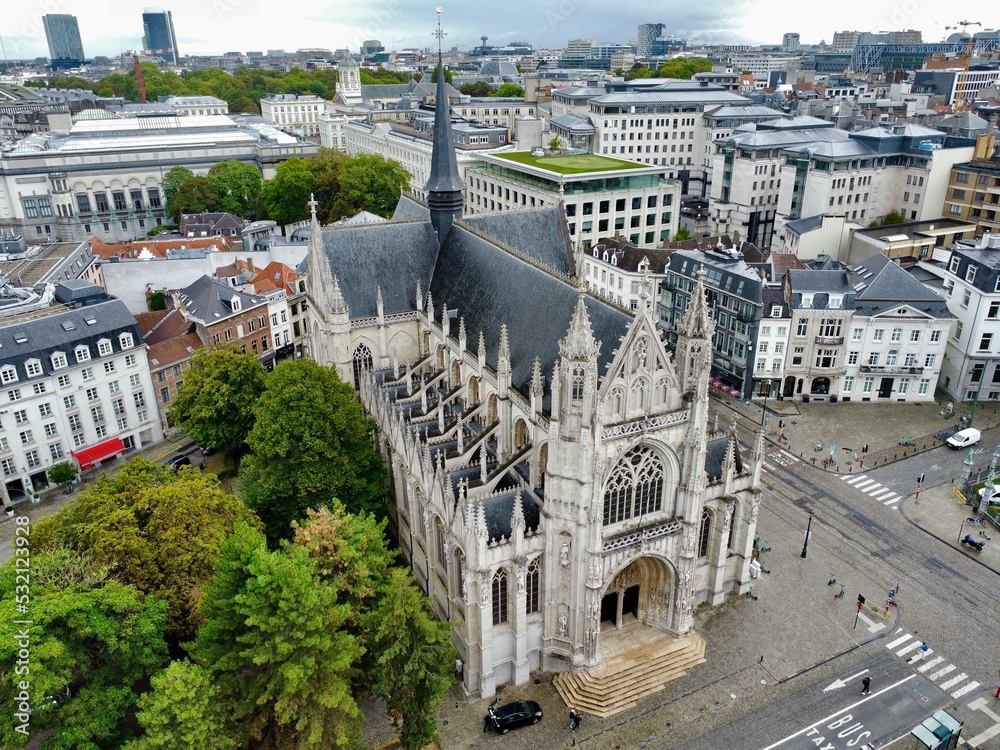 drone photo church of our lady of victories at the sablon, Onze-Lieve-Vrouw-ter-Zavelkerk brussels belgium europe