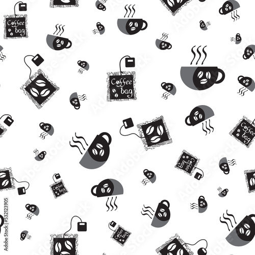 Coffee bag and cups vector seamless pattern background. Black white backdrop with disposable freshly brewed sachets of lattes, americanos. Grunge hand-drawn caffeine drink icons for packaging.