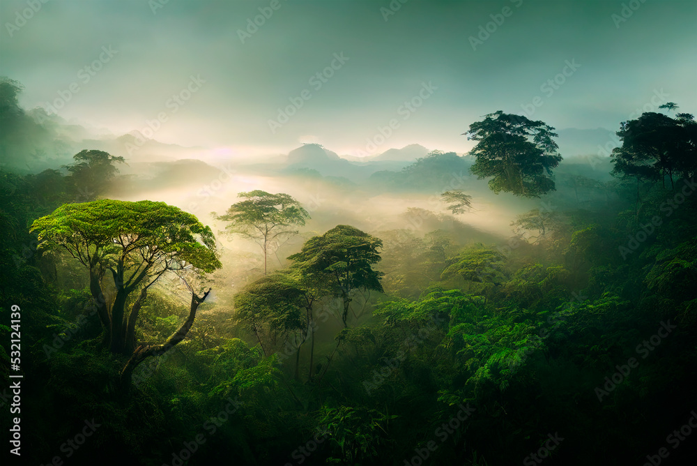 Misty jungle rainforest from above in the morning. Tropical forest with sun rays and fog. Aerial view. Nature landscape wallpaper background. - obrazy, fototapety, plakaty 
