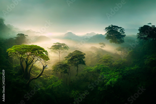 Misty jungle rainforest from above in the morning. Tropical forest with sun rays and fog. Aerial view. Nature landscape wallpaper background.