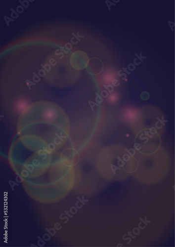 Vector Magical Gold Shine Background with Bokeh Blurred Glowing Circles on Black. Starlight Fog Texture. Glitter Holiday Print. Christmas and New Year Design. Glowing Light on Dark Purple.