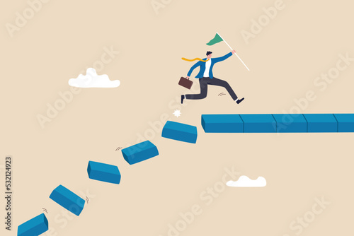 Survive and success in crisis, taking risk to thrive and succeed, courage or confidence to achieve target, effort to overcome challenge concept, businessman jumping on collapse bridge to reach target.