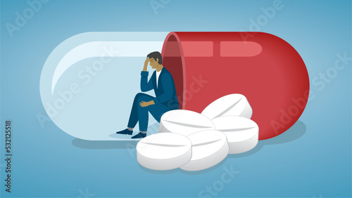 Man trapped in need of medication or drug addiction. Dimension 16:9. Vector illustration.