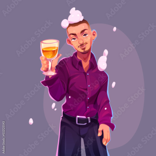 Handsome young man on foam party. Vector cartoon illustration of male character in purple shirt drinks champagne. Portrait of fashion guy holding wine glass
