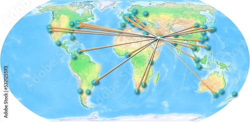 Qatar concept map centered on Europe and Africa, export concept map for Qatar on white background suitable for export concepts. File is suitable for digital editing and large size prints.