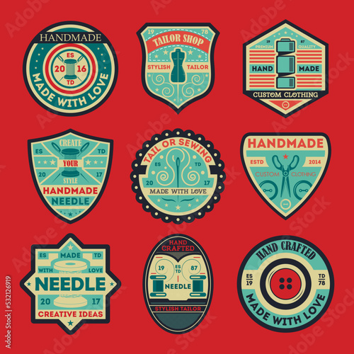 Tailor shop vintage isolated label set. Handmade studio badge, handcrafted needle logo, tailor sewing emblem, custom clothing made with love, tailoring vector illustration symbol collection
