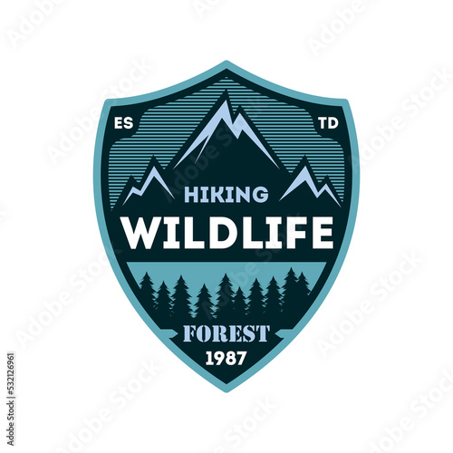 Hiking expedition vintage isolated badge. Outdoor adventure symbol, mountain and forest explorer, touristic extreme trip label vector illustration