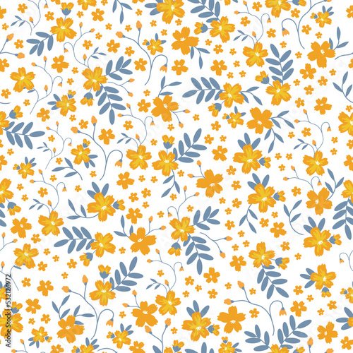 Simple vintage pattern. blue flowers. green leaves. white background. Fashionable print for textiles and wallpaper. © Алена Шенбель