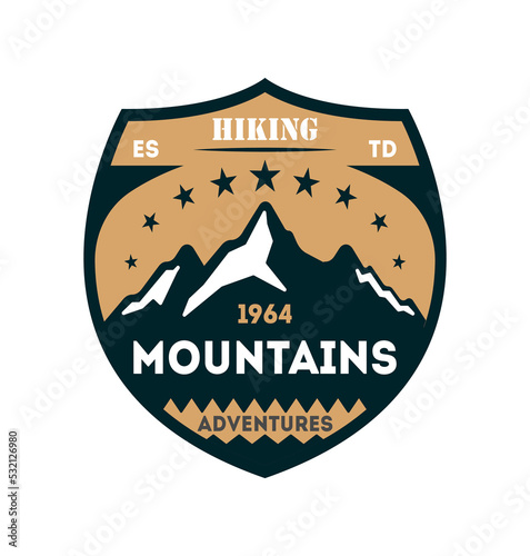 Hiking adventures vintage isolated badge. Outdoor expedition symbol, mountain and forest explorer, touristic extreme trip label vector illustration