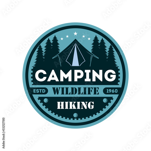 Wildlife camping vintage isolated badge. Outdoor expedition symbol, nature explorer, touristic extreme trip label vector illustration