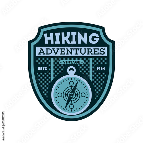 Nature hiking vintage isolated badge. Outdoor expedition symbol, mountain and forest explorer, touristic extreme trip label vector illustration