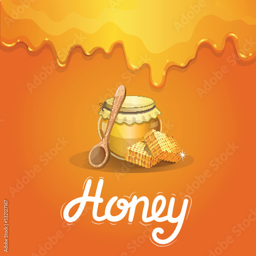 Natural honey poster in cartoon style. Honey jar, wooden spoon and honeycomb on orange background. Organic vegan product, traditional and healthy farm food, sweet delicacy vector illustration.