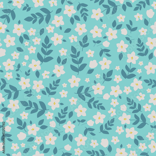Simple vintage pattern. white flowers. blue leaves. light blue background. Fashionable print for textiles and wallpaper.