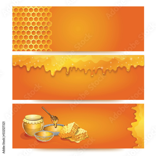 Natural honey advertising for organic shop. Honey jar, honeycomb and honey stick on orange background. Fresh and tasty product, traditional and healthy vegan food, sweet delicacy vector illustration.