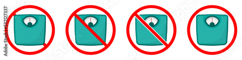 Weighing scale ban sign. Weighing scale is forbidden. Set of red prohibition signs of weighing scale. Vector illustration