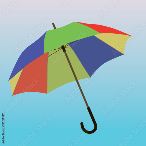 Print A vector illustration of a colorful umbrella. The colors are red, blue yellow and green. The umbrella is slanted and the background is a blue gradient 