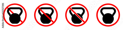 Kettlebell ban sign. Kettlebell is forbidden. Set of red prohibition signs of kettlebell. Red prohibition sign. Vector illustration