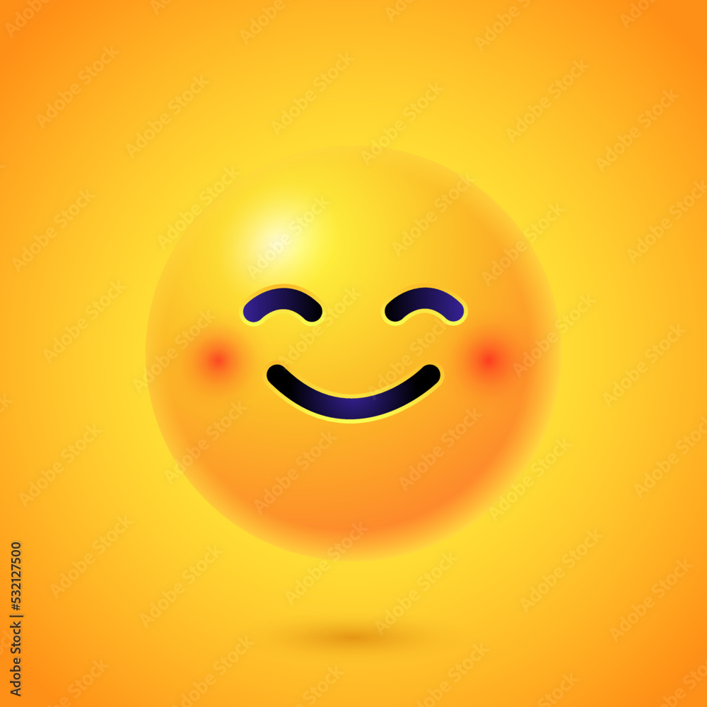 Round 3d Emoticon. Yellow Emoji face emoticon smile, digital smiley expression emotion feelings, chat cartoon emotes. Vector illustration icon on yellow background Round 3d Emoticon. Yellow Emoji face emoticon smile, digital smiley expression emotion feelings, chat cartoon emotes. Vector illustration icon on yellow background