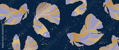 Luxury golden fish background vector. Gold line art wallpaper design with siamese fighting fish, beautiful fish fin and tail. Elegant oriental illustration design for wall art, fabric, packaging.