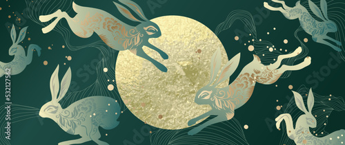 Luxury wild animal background vector. Gold Japanese wallpaper design with group of rabbit, wild rabbits, gold sun, line art. Elegant oriental illustration design for wall art, fabric, packaging, card.