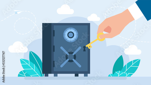 Metal bank safe vector icon in a flat style. Secure boxes with code locks. Closed safe isolated on a colored background. Gold and money protection. Flat style. Illustration