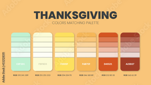 Thanksgiving color scheme. Color Trends combinations and palette guide. Example of table color shades in RGB and HEX. Color swatch for fashion, home, interiors design 2022. Colour chart idea vector.