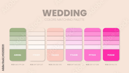 Wedding color scheme. Color Trends combinations and palette guide. Example of table color shades in RGB and HEX. Color swatch for fashion, home, interiors design 2022. Colour chart idea vector.