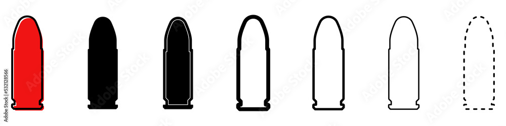 Bullet icon. Set of different icons of military cartridge. Bullet or patron silhouette. Vector illustration. Black sign Bullet icon. Set of different icons of military cartridge. Bullet or patron silhouette. Vector illustration. Black sign