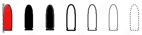Bullet icon. Set of different icons of military cartridge. Bullet or patron silhouette. Vector illustration. Black sign
