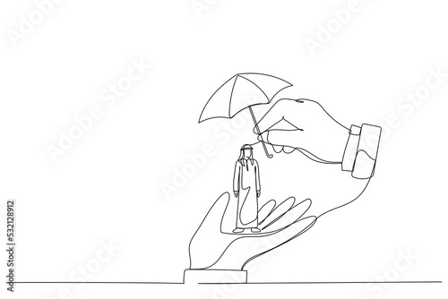 Drawing of boss hand holding tiny arab businessman workers. Metaphor for employee care and protection at workplace. Single line art style